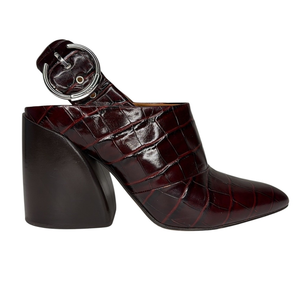 Chloe‎ Burgundy Mock Croc Embossed Leather Slingback Mules Size 38 Block Heel